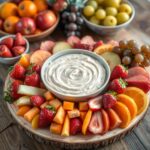 "Irresistible fruit dip served in a bowl, surrounded by fresh fruits like strawberries, pineapple, and apple slices on a party platter"