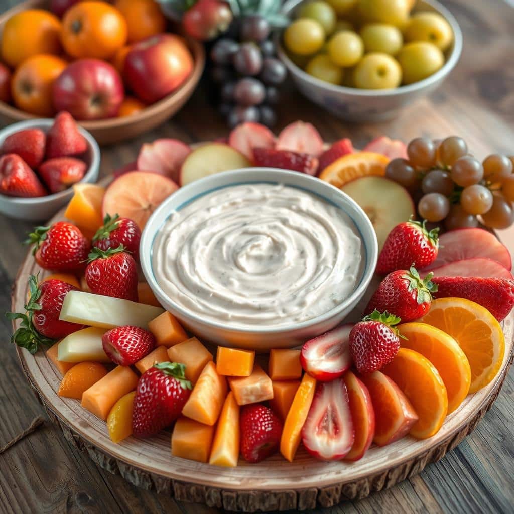 "Irresistible fruit dip served in a bowl, surrounded by fresh fruits like strawberries, pineapple, and apple slices on a party platter"