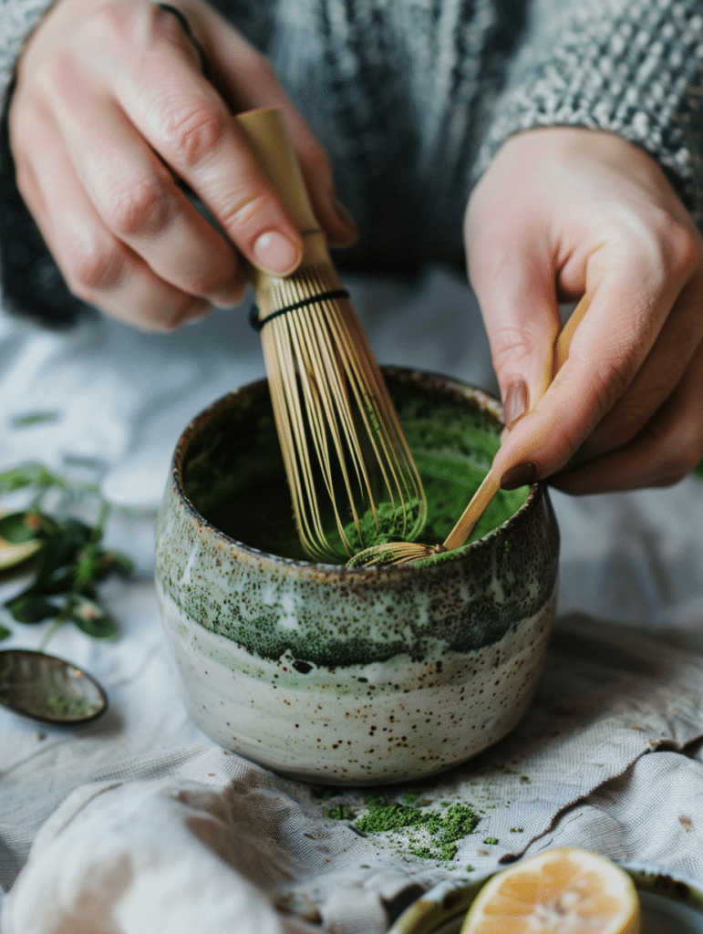 Whisking Japanese Maounjaro tea blend in ceramic mug