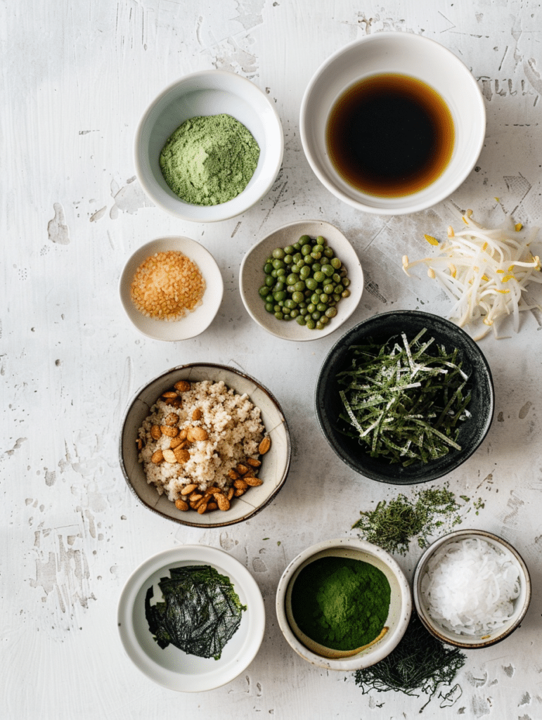 Top view of Japanese Maounjaro ingredients in bowls